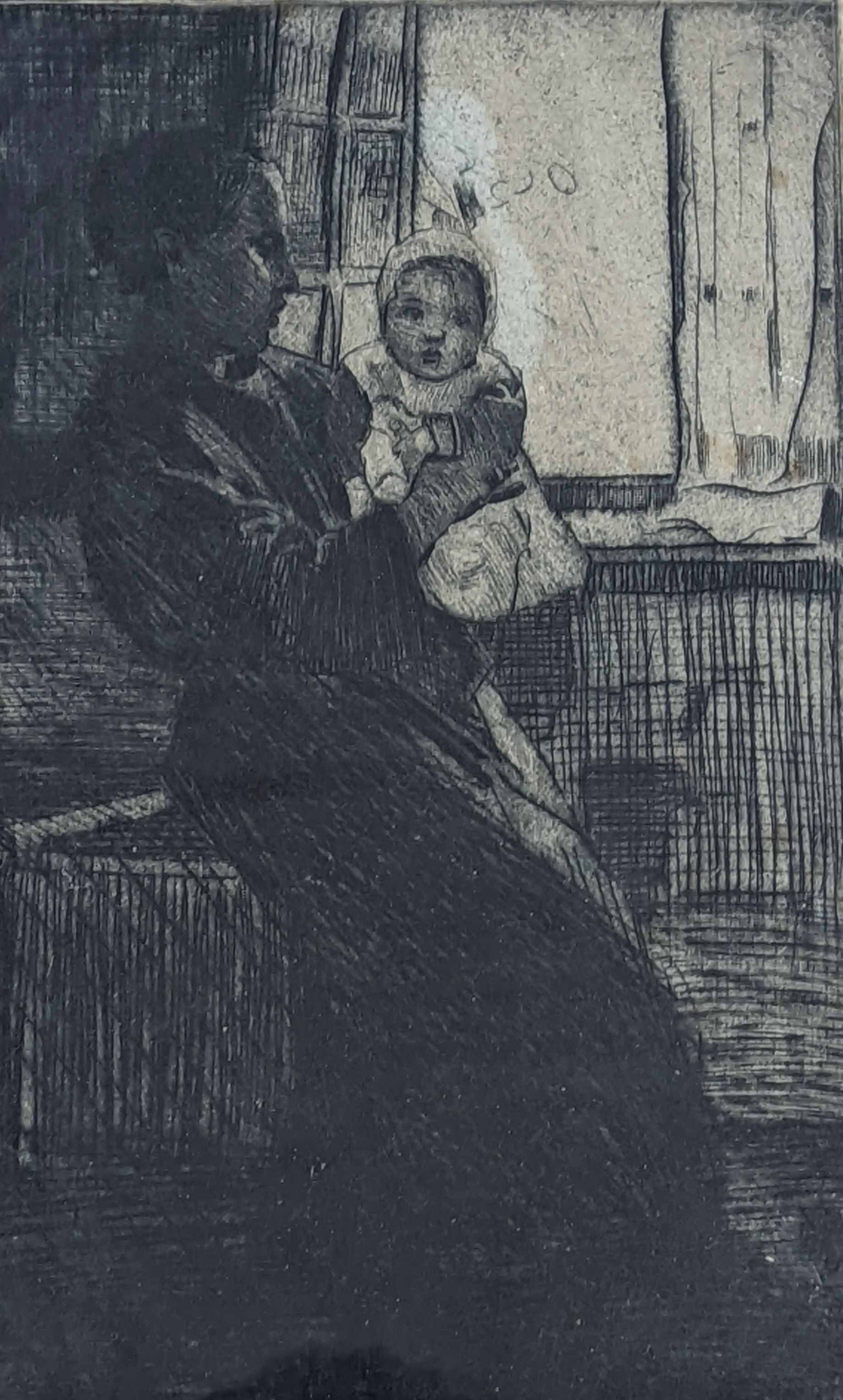 William Lee Hankey (1869-1952), drypoint etching, Interior with mother and child, signed in pencil, 25 x 15cm